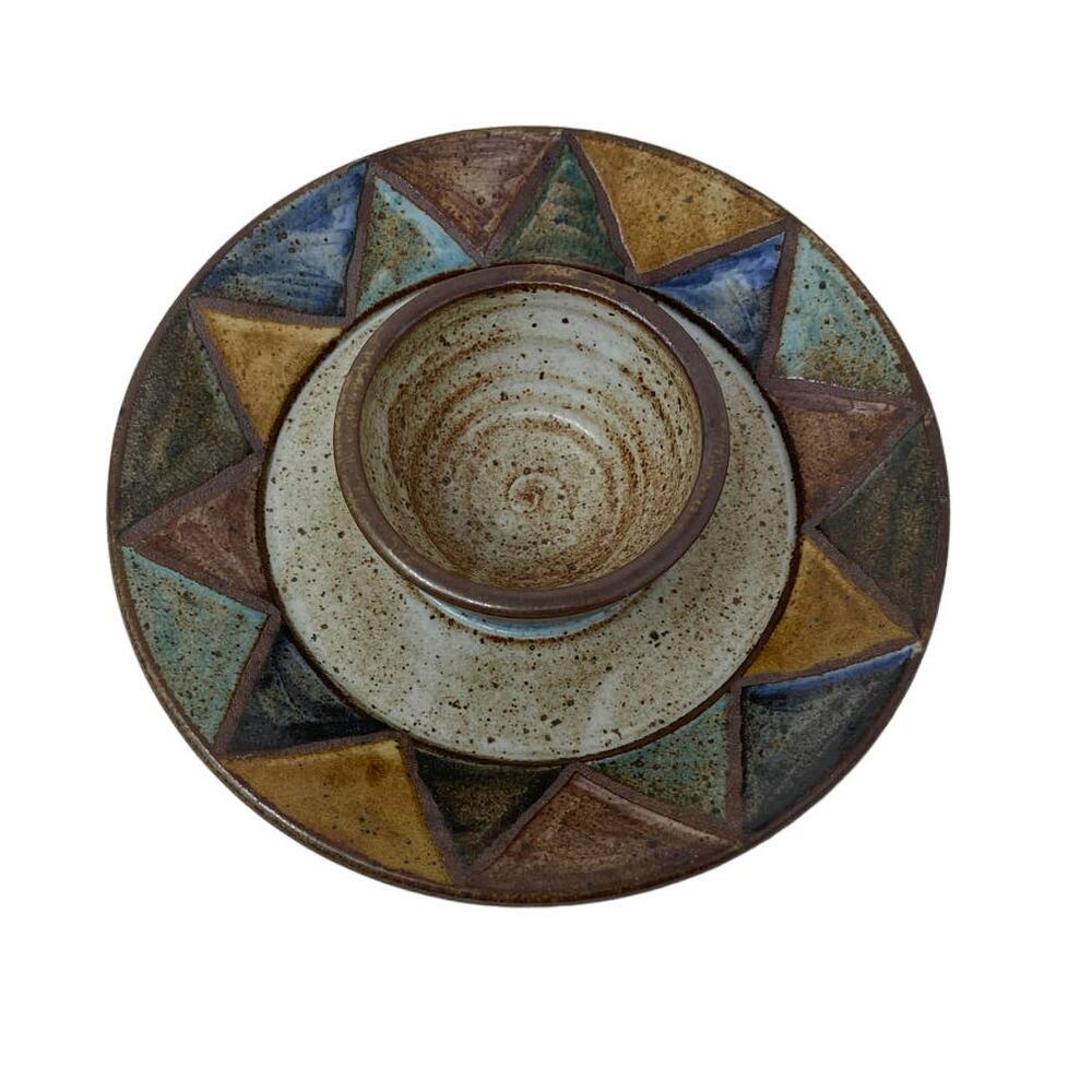Chip & Dip Serving Dish Studio Art Pottery Handmade Bohemian Earthy Design 8.5"